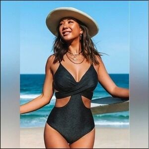 NEW Cupshe One Piece Swimsuit Criss Cross Cutout High Waist M Black Bathing Suit